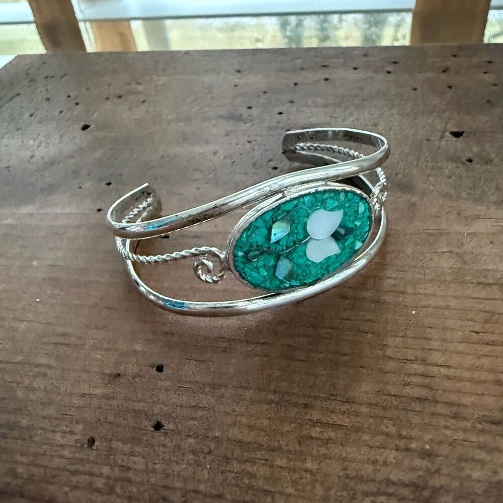 Vintage Alpaca Mexico Silver Abalone Crushed Turquoise Cuff Bracelet - Picture 4 of 6